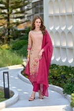Peach Pink Embroidered Tissue Kurti Pant Dupatta Set for Women Ethnic Wear
