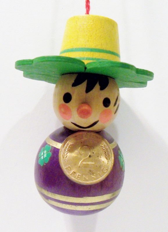 Steinbach Germany Lucky Boy Clover Penny Pfennig Wooden Wood 1970s Vntg Ornament