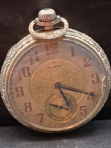 Elgin Vintage Antique 14K Gold Filled Art Deco Open-Faced Pocket Watch Runs