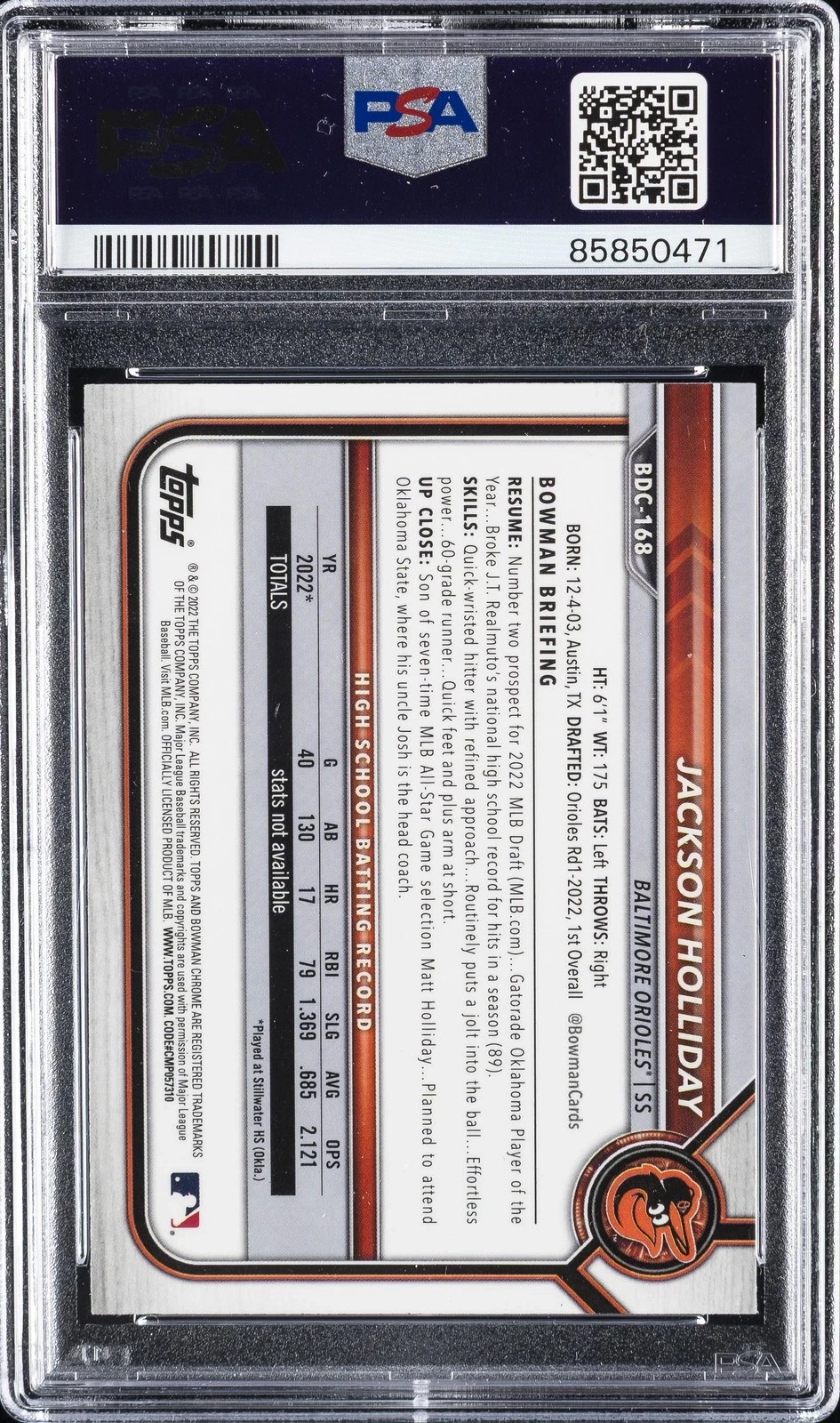 2022 BOWMAN DRAFT CHROME #BDC168 JACKSON HOLLIDAY PSA 10 view 2