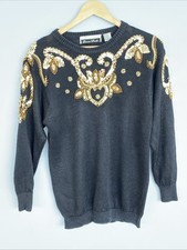 Vintage 90s Dana Scott Black Gold Sequin Sweater Glam Holiday Party Top size med