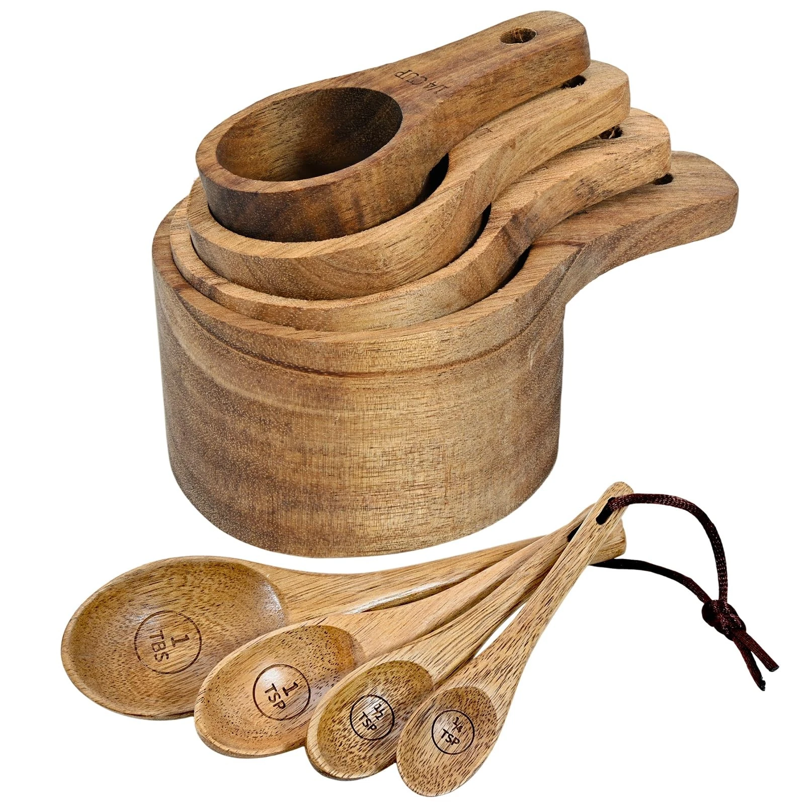 Wooden Measuring Cups and Spoons Set - Eco-Friendly Solid Acacia Wood, Laser ...