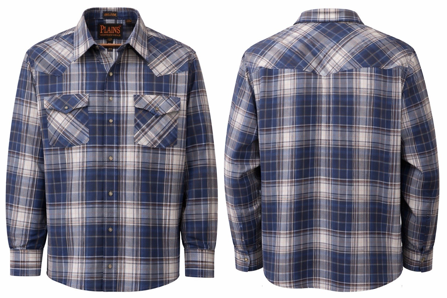 Plains Western Wear Pearl Snap Shirt Mens LT Tall Blue Plaid Cowboy Ranchware