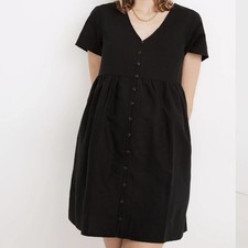Madewell Size S Black Linen-Blend Alexandra Button-Front Mini Dress Short Sleeve