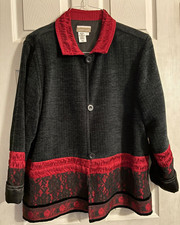 Coldwater Creek Black w Red Silk Hem  Collar Button Front Lined Jacket Wm Large