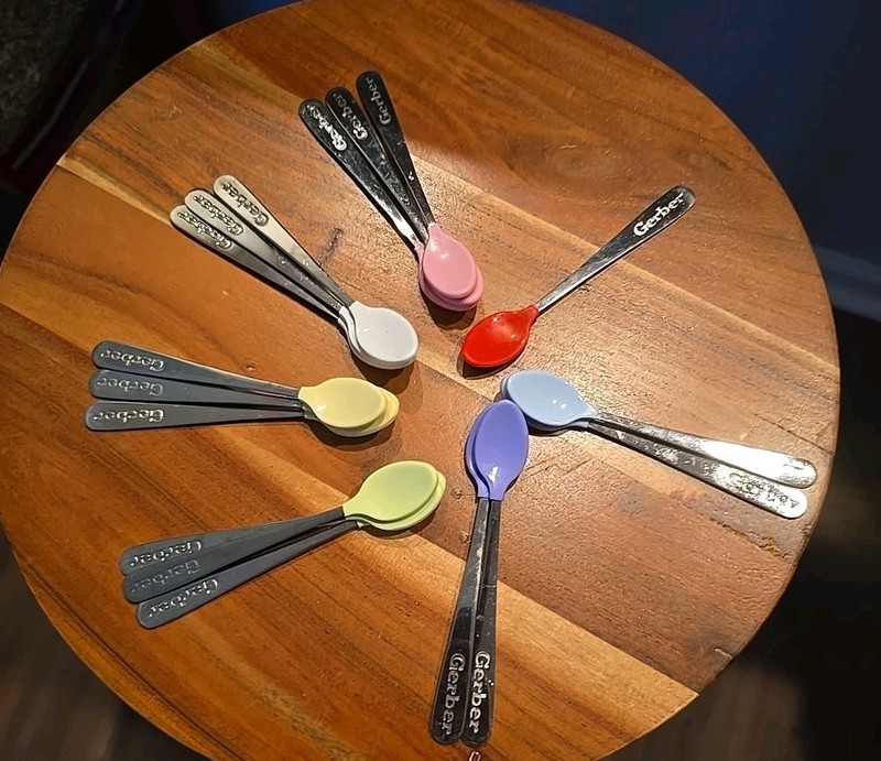 GERBER Lot of 17 baby spoons soft tip Made In USA Stainless Multi-Colored 