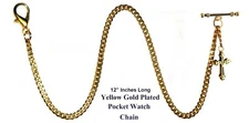 12" Inch Long Gold Plated Pocket Watch Chain With Ornate Cross Fob
