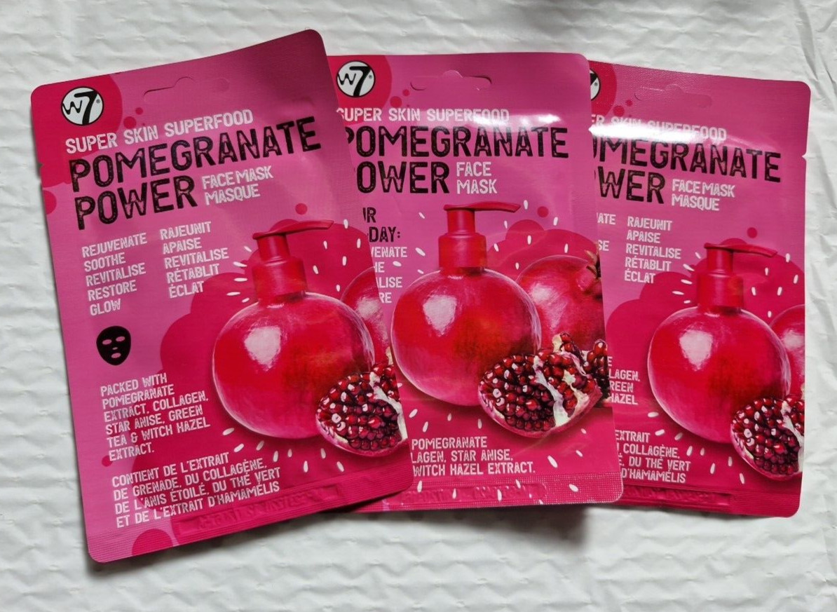 3 x W7 Super Skin Pomegranate Power Face Mask Rejuvenate, Soothe Restore