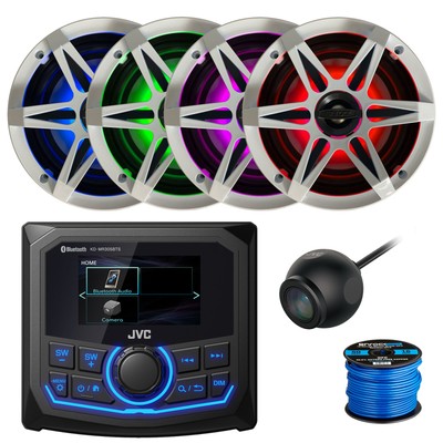 JVC Marine Receiver, 4x 6.5'' LED Speakers w/Chrome + White Grilles, Camera, Wire