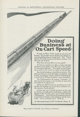 1913 Business Accelerator Train Vs Ox Cart Speed Accuracy Addressograph Ad SY1