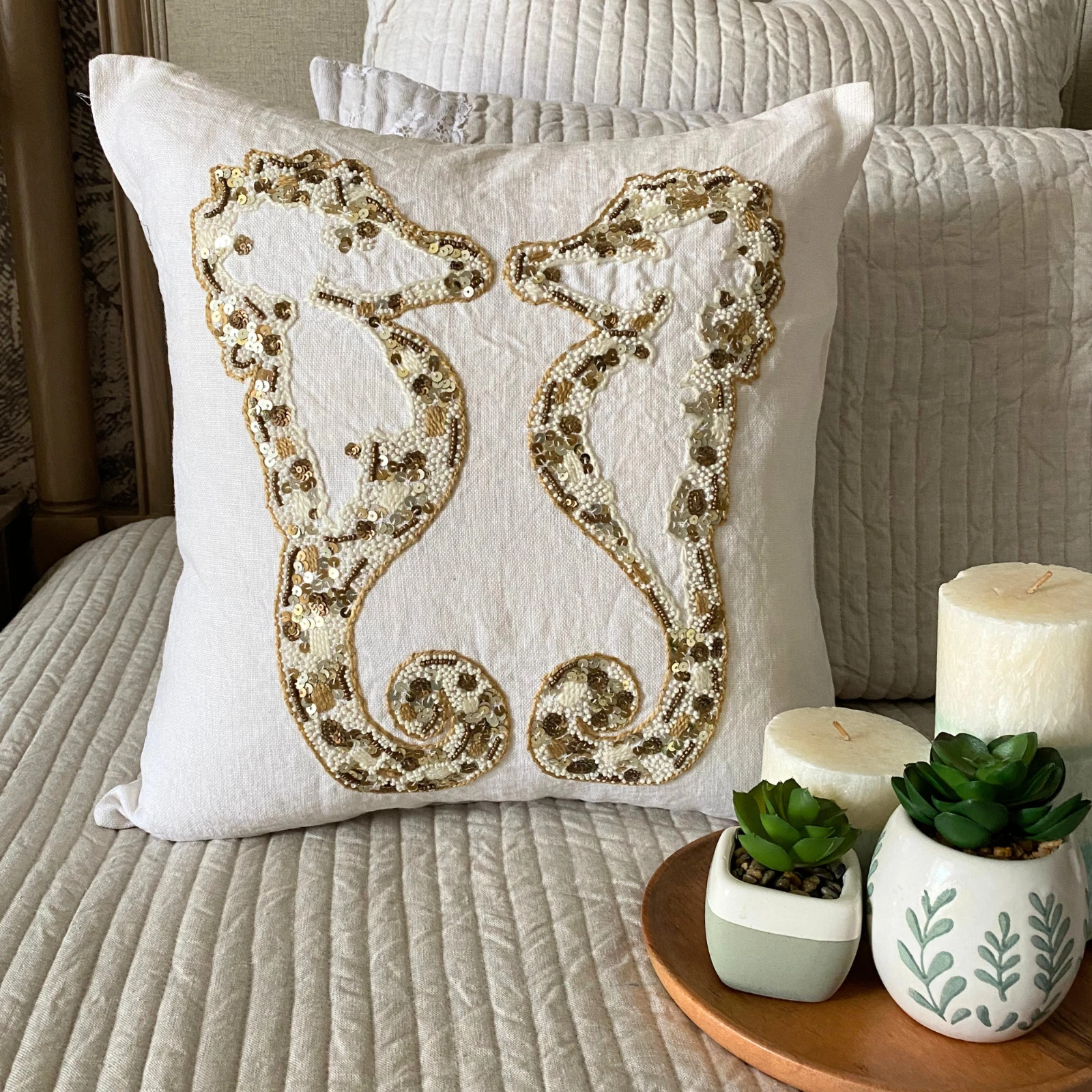 Decorative Cushion Cover Ivory 16"x16", Square Linen Abstract - Sea Horse Kiss
Opens in a new window