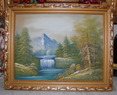 VINTAGE FRAMED ORIGINAL OIL MOUNTAIN PINE FOREST AND WATERFALL