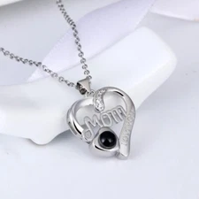 Silver Mom Heart Necklace 100 Languages I Love You Gift for Mother's Day