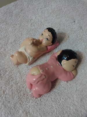 Vtg MCM Chalkware 2 Character Hanging Wall Babies SO Cute 4'' Long Hd/Ptd Mkd  