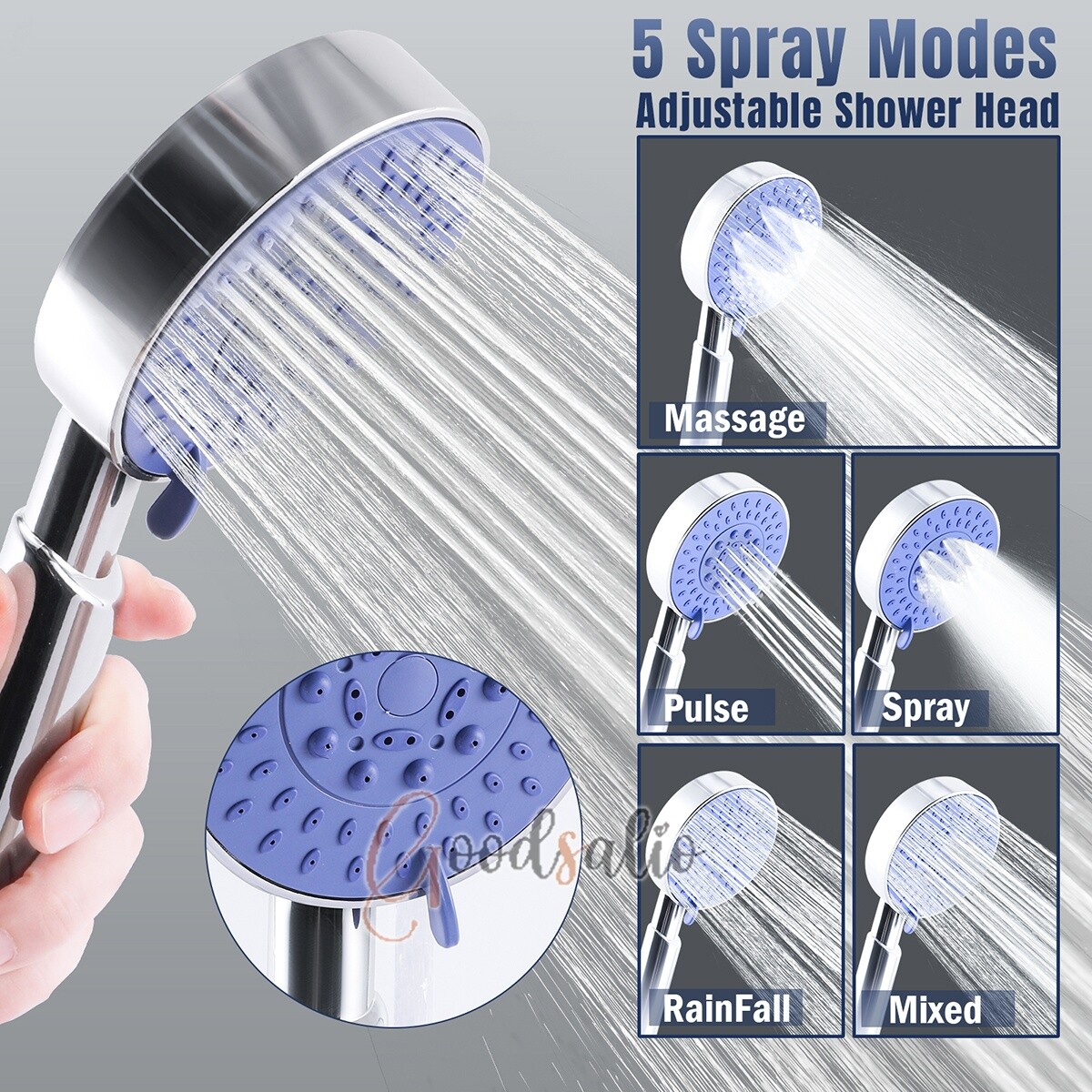 High-Pressure Handheld Showerhead with 5 Spray Settings and Universal Adjustable Design