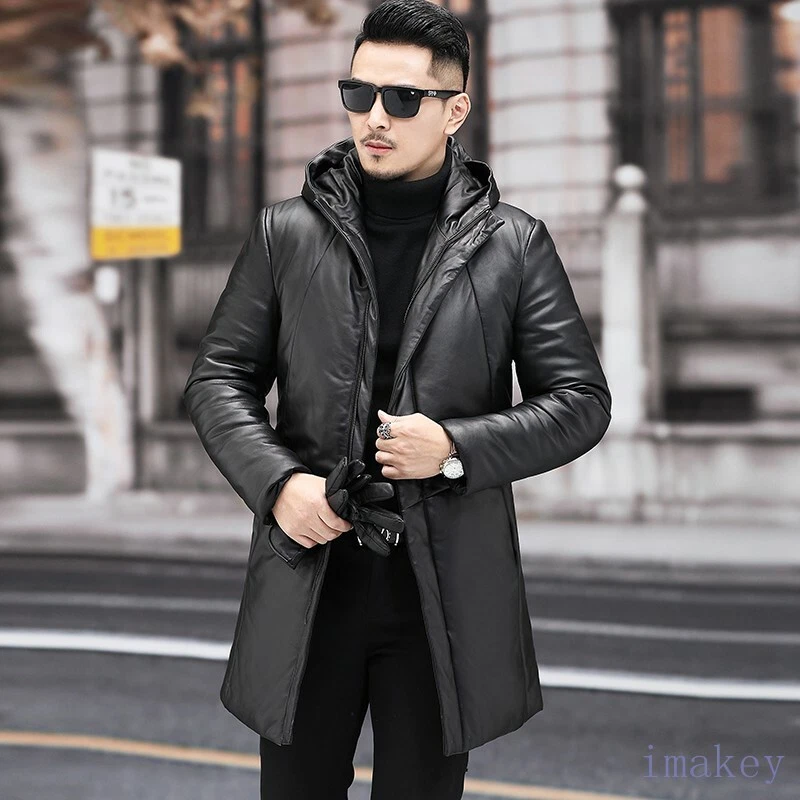 Men Black Real Leather Hooded Medium Duck Down Coat Bodywarmer Winter  Jacket New