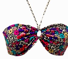 2 in 1 Reversible Leopard/ Floral Print Halter Bandeau Bikini Swimsuit Top Small