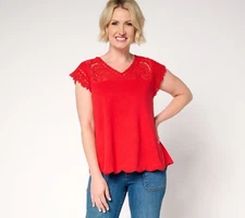 LOGO Lavish by Lori Goldstein Women's Top Sz XS 100% Cotton Scallop Red A692538