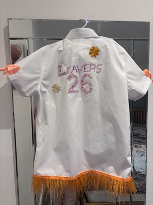 Yeah 6 Leavers Shirt, orange & rosa Strass & Half Peal, Schleifen, Federn