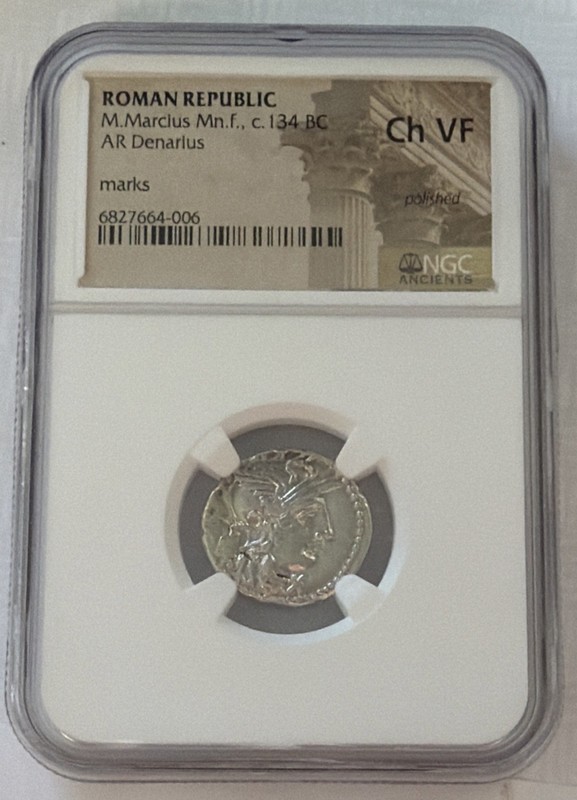 ROMAN REPUBLIC AR SILVER DENARIUS - M. MARCIUS (C. 134 BC) NGC CHOICE VF CHARIOT