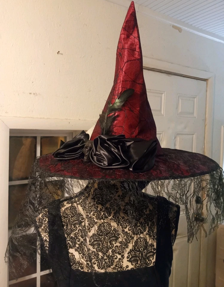 Halloween Costume Sexy Witch SZ. S/M Red hat W blk Rose Spider Web & Feather - Image 3 of 4