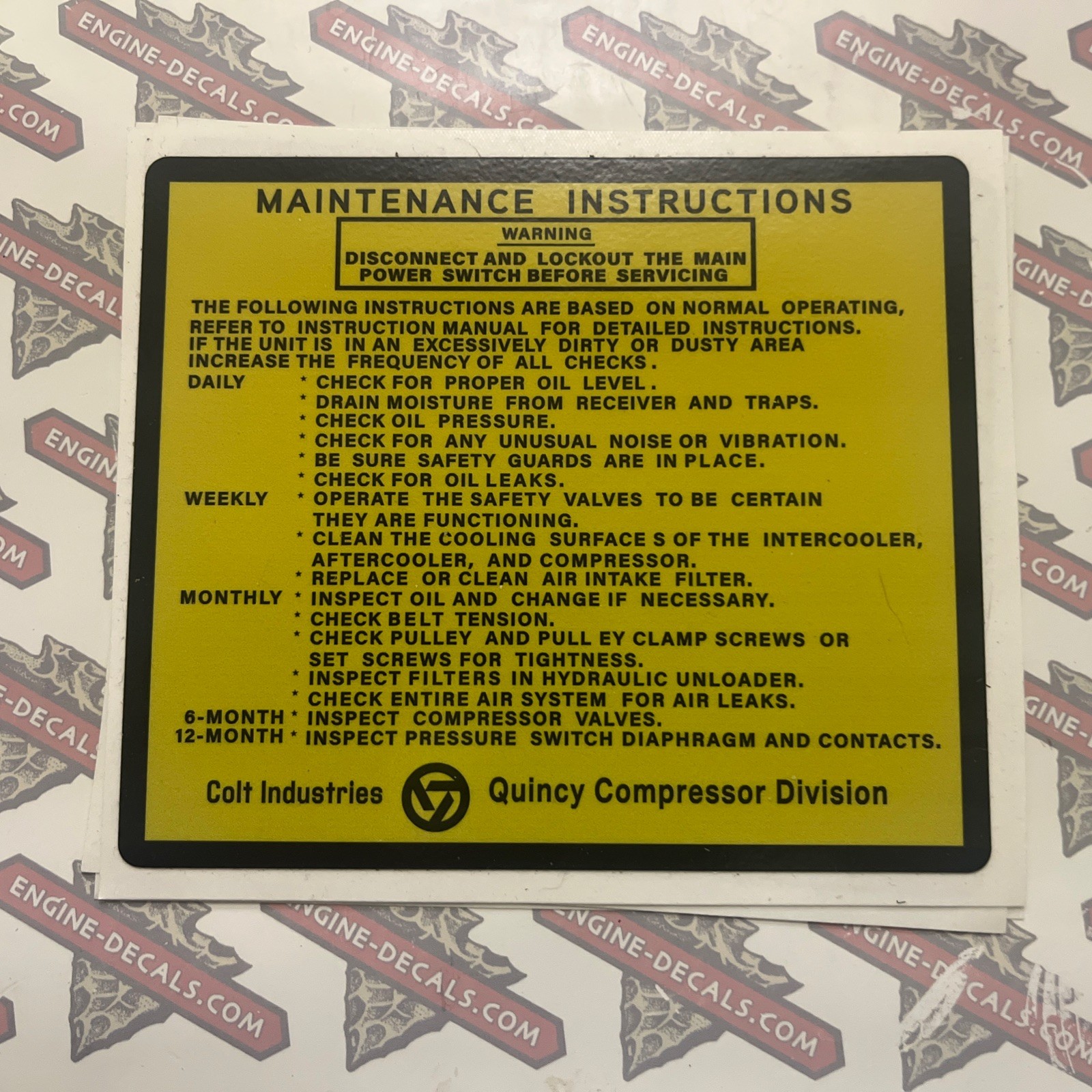 Colt Industries Maintenance Instructions 5&rdquo;  1 Decal