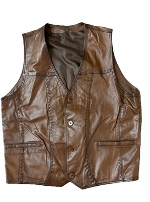 Men's Brown Genuine Leather Motorcycle Biker Vest L Button Front Back Buckle