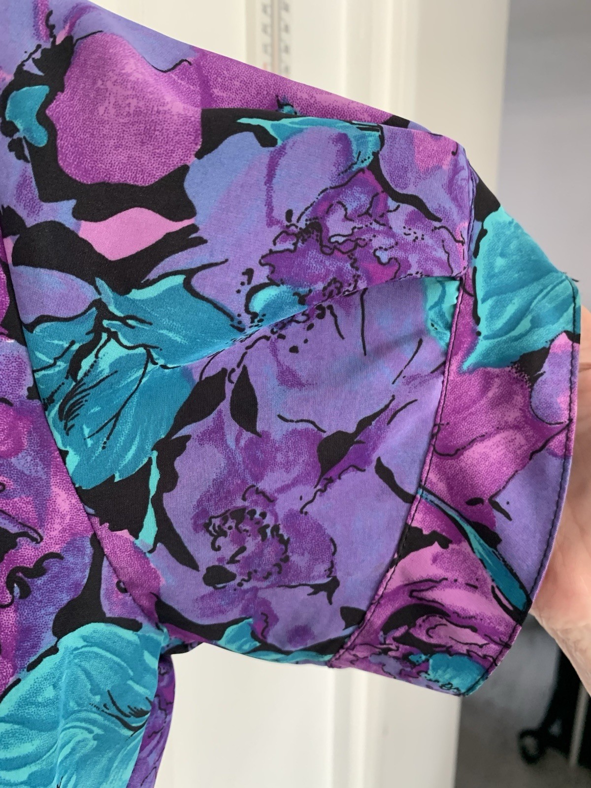 Carolina Pedrjoni Purple Teal Floral Wrap Blouse Short Sleeve Vintage image 4