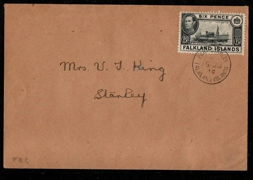 FALKLAND ISLANDS KGVI 1949 6d BLACK SG;156 ON FIRST DAY COVER PORT STANLEY
