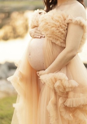 beige dress maternity Lainey Smocked Dotted Midi Dress main image 0