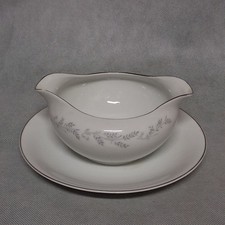 Royalton China EG3301 Gravy Boat & Underplate White w/ Blue Taupe Leaves Chipped