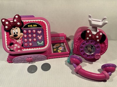 Disney Minnie Mouse Ring Me Rotary Phone Toy + Cash Register Talks Sounds Pink