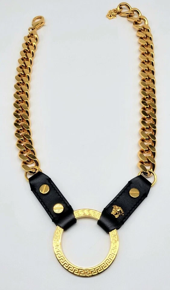 Versace Greca + Colgante Medusa con Cuero en Grueso PESADO Oro Bordillo Cadena Foto 4 de 4