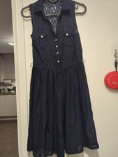 "New Look" Ladies Teen. Sleeveless Navy Dress . Lace Top & Nylon. UK 10.
