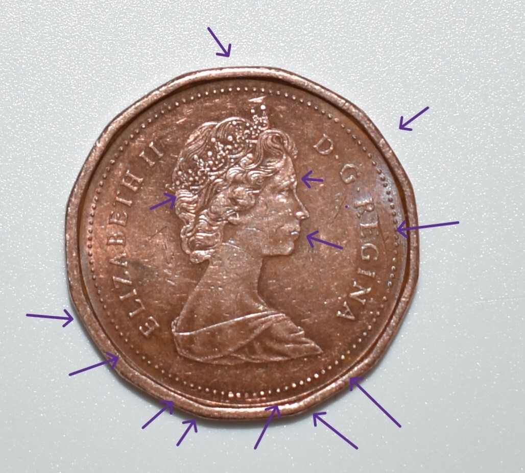 1987 Canada One Cent Penny Error Queens Mouth Collar Leaf Die