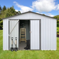 12x10 FT Outdoor Metal Storage Shed with Sturdy Frame & Lockable Door white+Grey