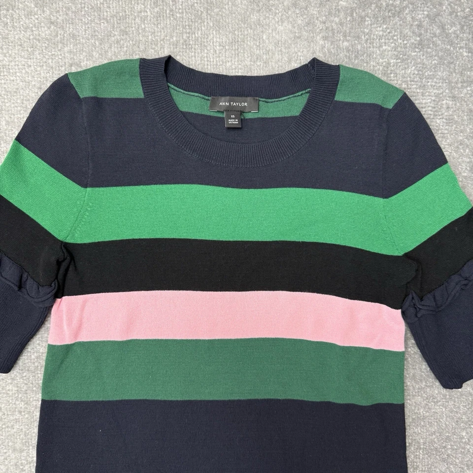 Suéter Ann Taylor Para Mujer XS Verde Negro Azul Rosa Manga Volantes Preppy Tejido Top Foto 2 de 4