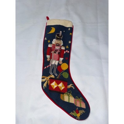 Vintage Nutcracker Needlepoint Christmas Stocking Navy Blue Red Velvet Backing