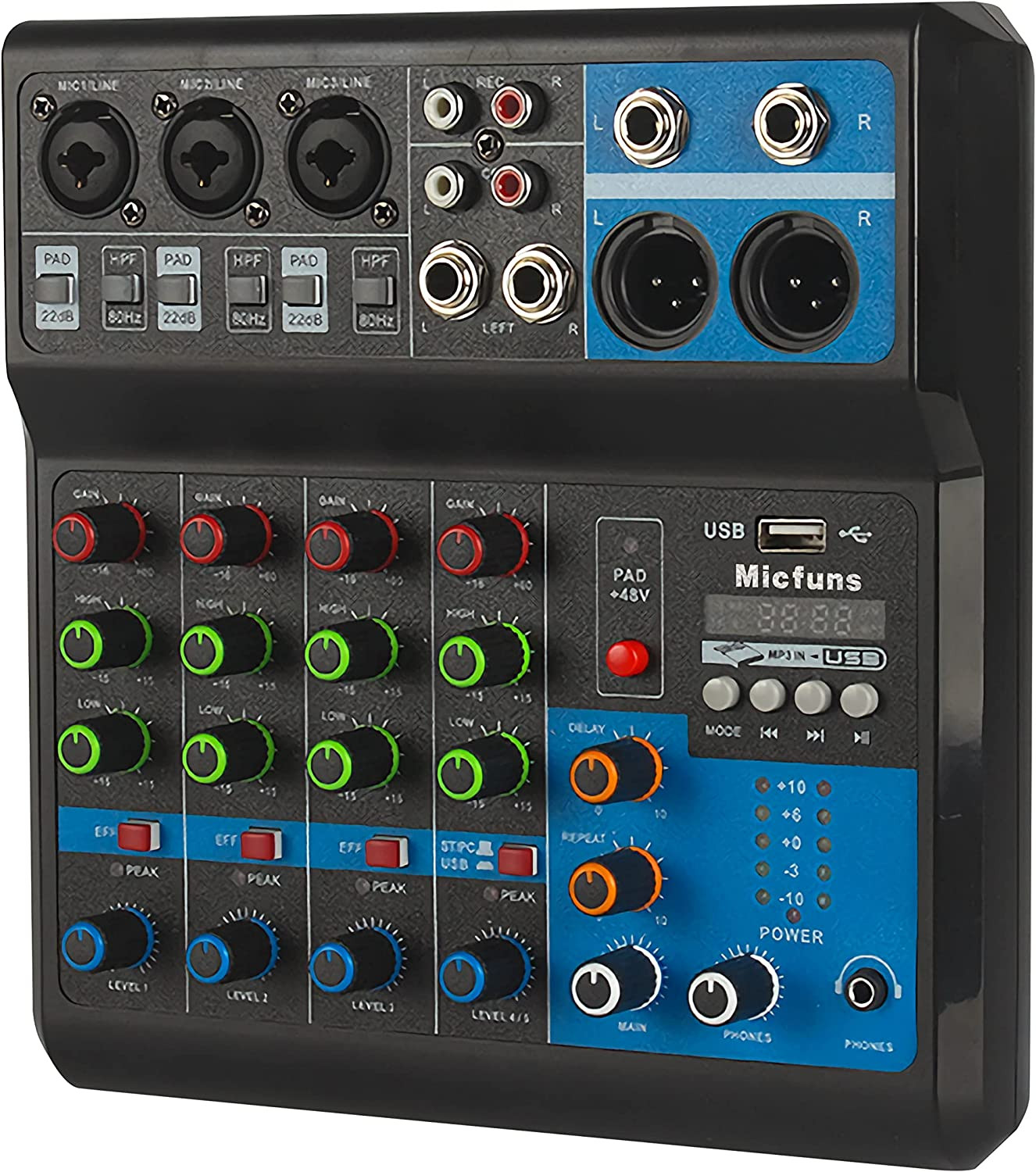 Mini Audio DJ Mixer Sound Board Console System, 5 Canali 48 V Phantom Power Con 