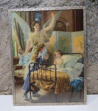 Bild Druck hinter Glas 2 betende Kinder mit Schutzengel um 1910