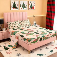 Christmas Bed Sheets Sets Twin Size Kids Boys Girls Cartoon Dinosaur Bedding ...