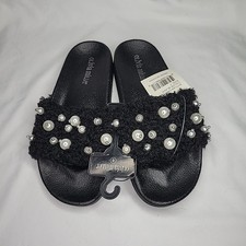 Olivia Miller Furry Slippers Black with pearls Size 7 New Open Toe OMP-1784