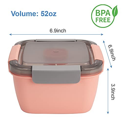 Freshmage Salad Lunch Containers To Go, 2 Pack 52-oz Bowls with 3 Pink+Green