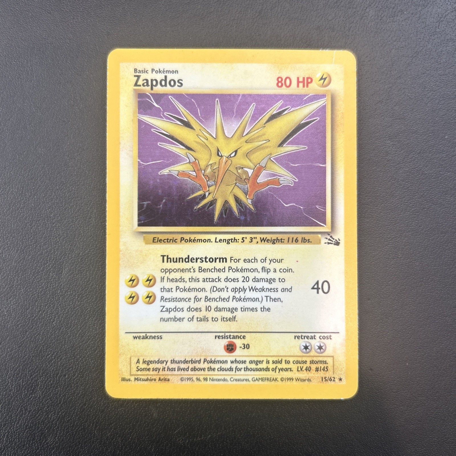Zapdos 15/62 Fossil Unlimited Pokemon Card Holo Rare Moderately Played MP