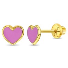 14k Yellow Gold 5mm Pretty Pink Enamel Heart Screw Back Earrings for Young Girls