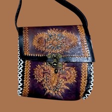 Vintage Hand Tooled Leather Handmade Embossed Art Saddle Bag 8x7 Hippie Boho