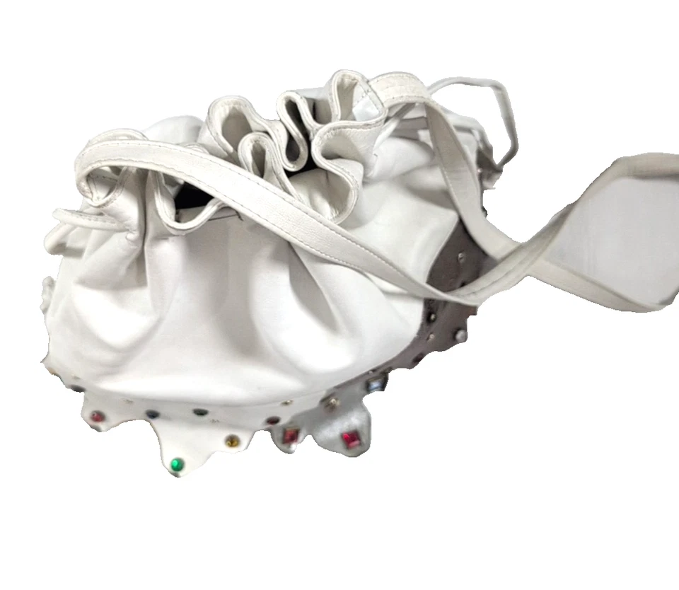 Vintage 80’s Jewel Covered Bucket Bag Purse White Leather - Image 3 of 4
