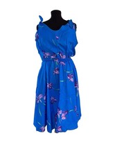 Vintage Hawaiian Dress Size L Sundress Royal Blue Purple Floral Shoulder Ties