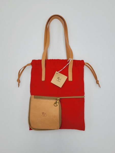 IL BISONTE Red Canvas & Tan Leather Small Tote Shoulder Bag w/ Drawstring NWT