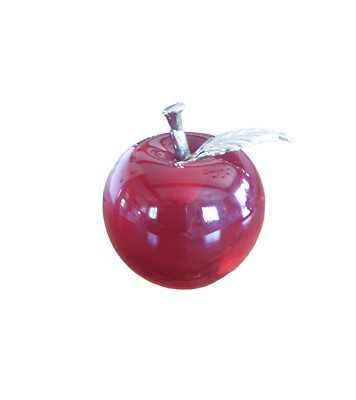 Art Glass Red Apple Paperweight. Gold Tone Brass Stem & Leaf. Teacher Gift